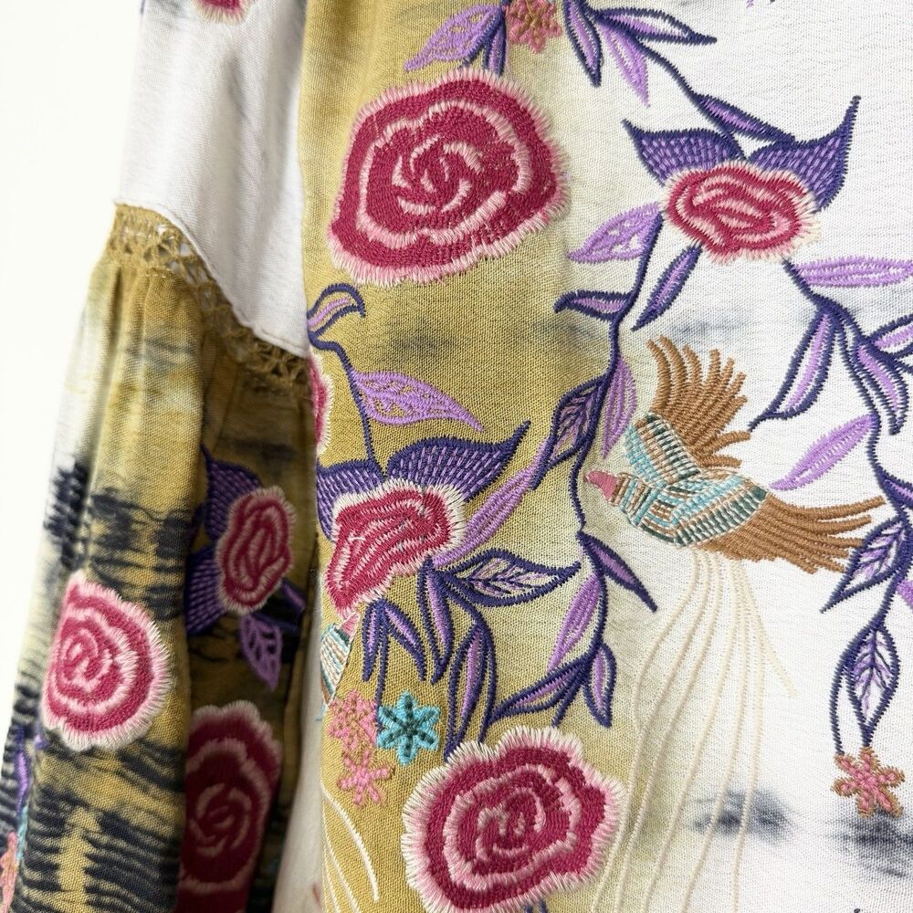 Calessa Boho Top Floral Embroidered Golden Yellow Ivory Pink Women’s M - Picture 3 of 9